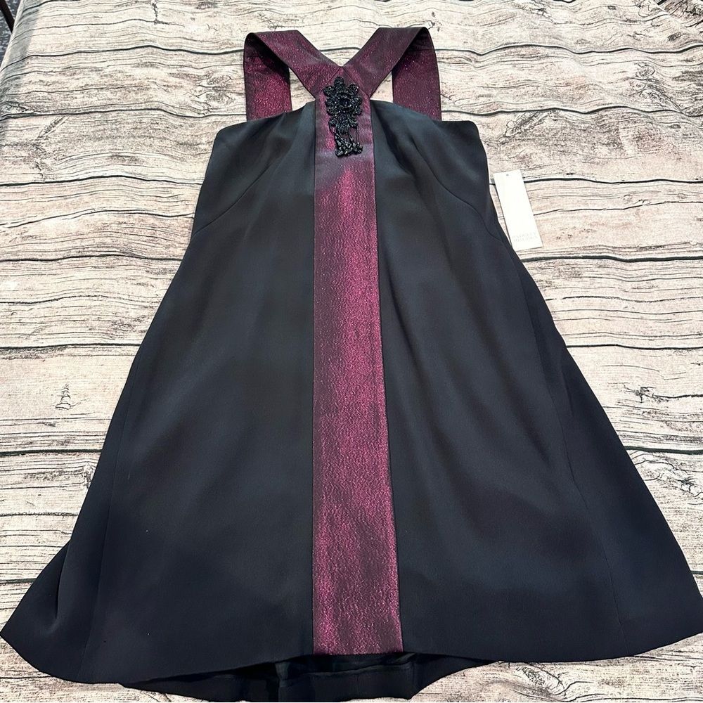 NWT Badgley Mischka Silk Elegant Purple & Black Cocktail Dress w/ Beading Size 4